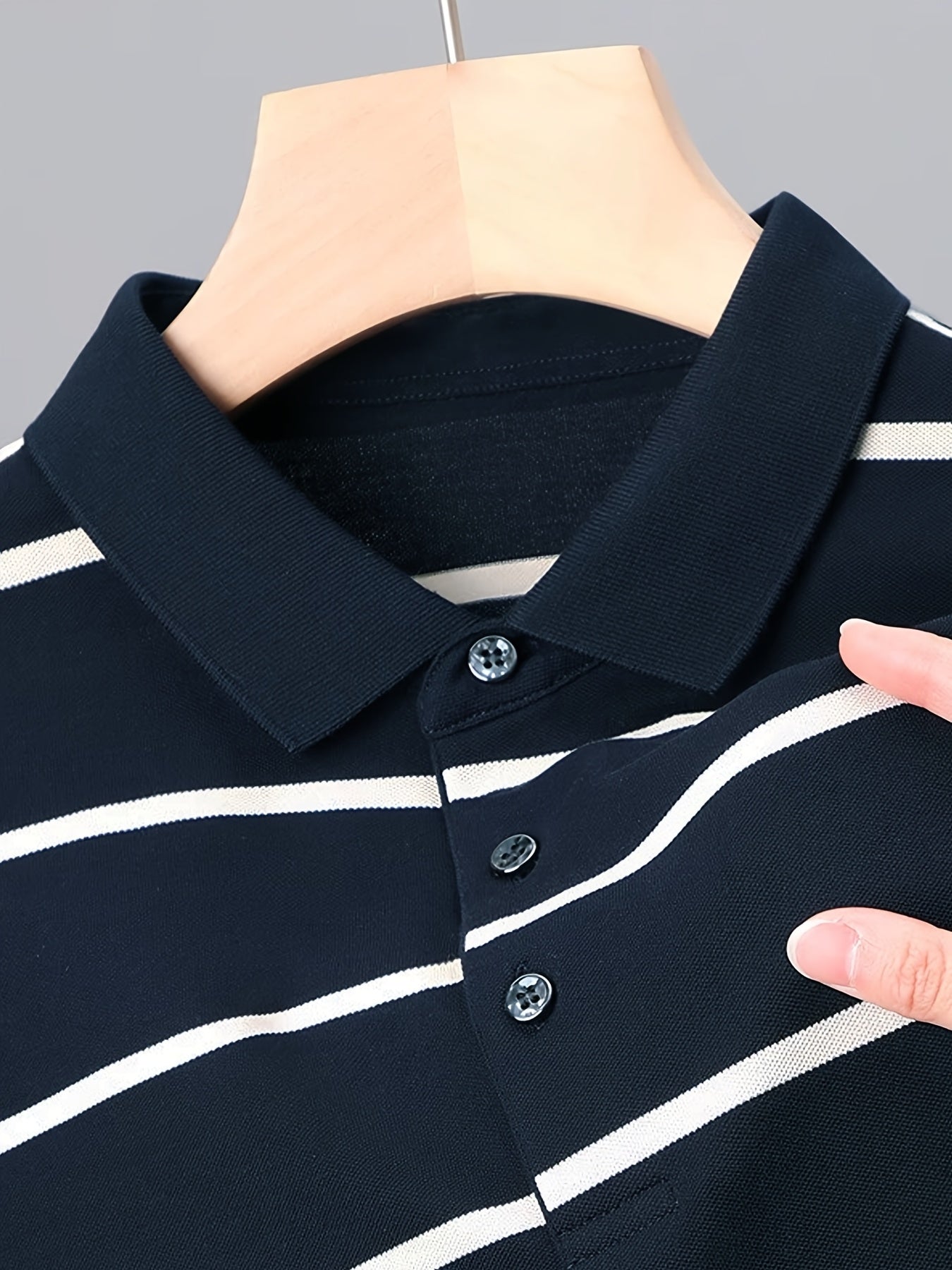 Men'S Navy & White Striped Polo Shirt - Casual Summer Golf Shirt with Short Sleeves, Button-Up, and Collared Design, Perfect for Outdoor Activities and Gifts, Casual Summer Wear | Casual Style | Polyester Fabric