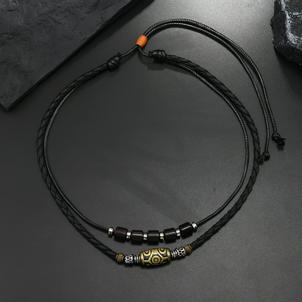 HUANMING Men's Vintage Punk Necklace - Trendy Braided Wax Cord with Antique Pendant, Black Layered Choker Jewelry