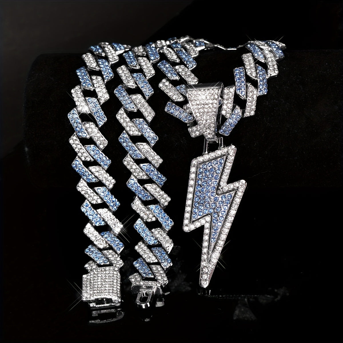 Iced-Out Lightning Bolt Pendant Necklace for Men - Sparkly CZ Cuban Link Chain, Hip Hop Rapper Jewelry by YOBEBOX, YOBEBOX