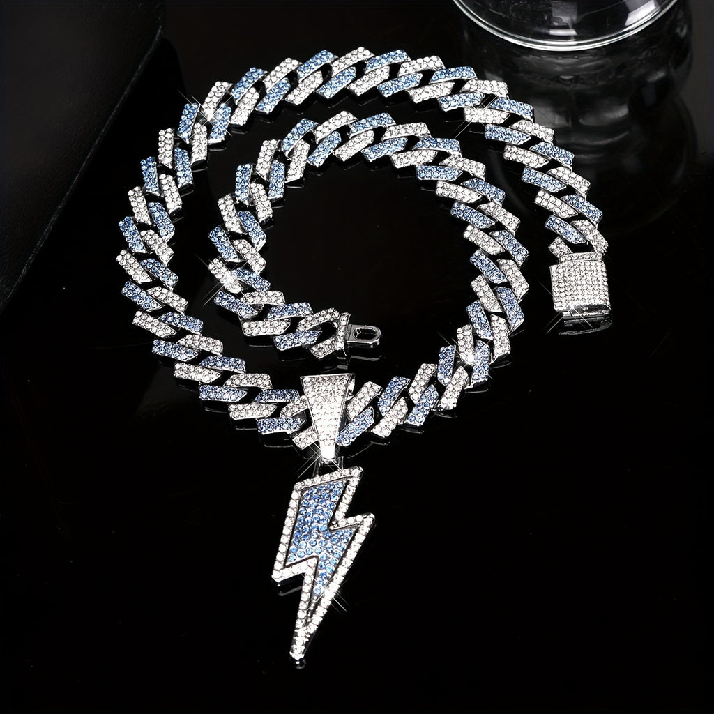 Iced-Out Lightning Bolt Pendant Necklace for Men - Sparkly CZ Cuban Link Chain, Hip Hop Rapper Jewelry by YOBEBOX, YOBEBOX