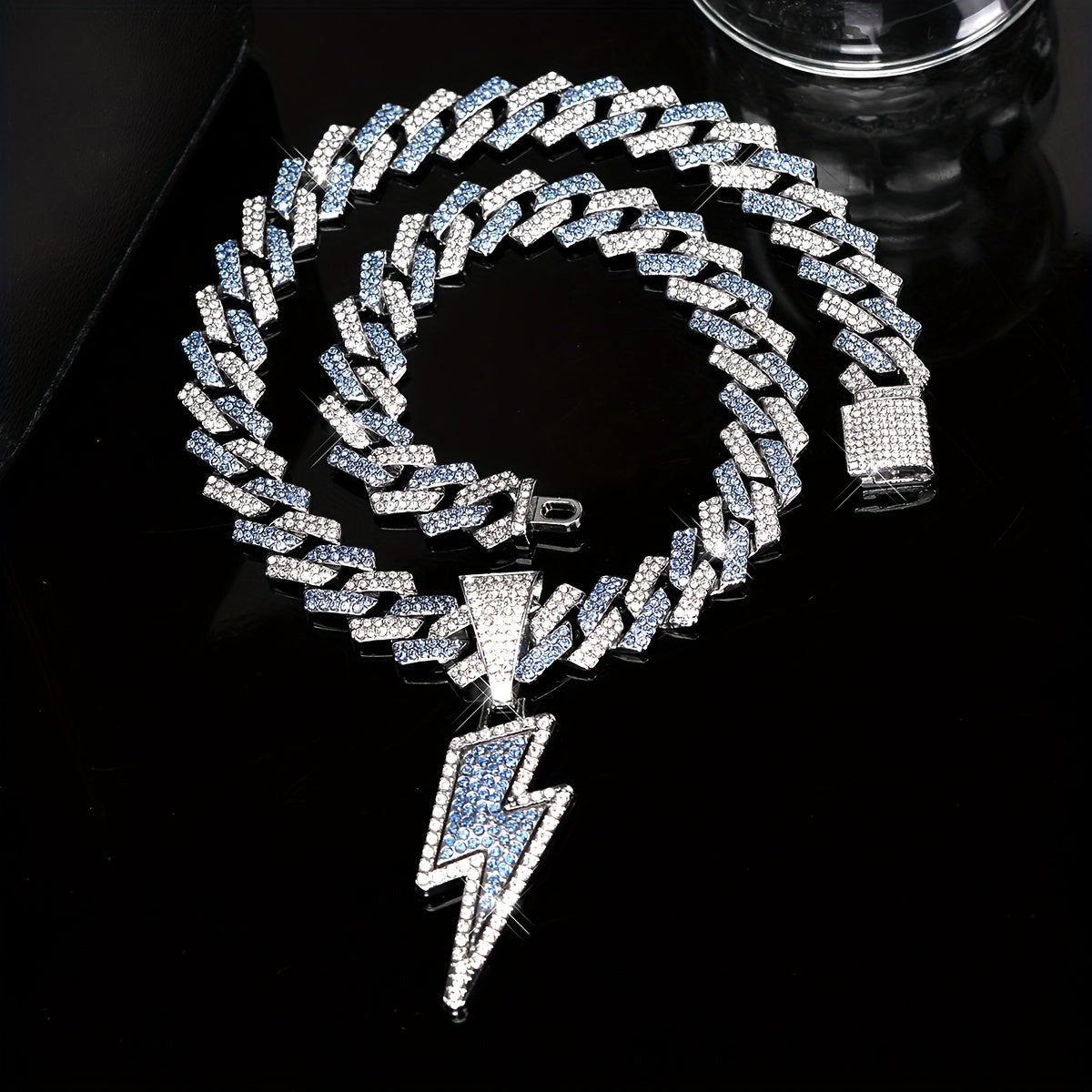 Iced-Out Lightning Bolt Pendant Necklace for Men - Sparkly CZ Cuban Link Chain, Hip Hop Rapper Jewelry by YOBEBOX, YOBEBOX