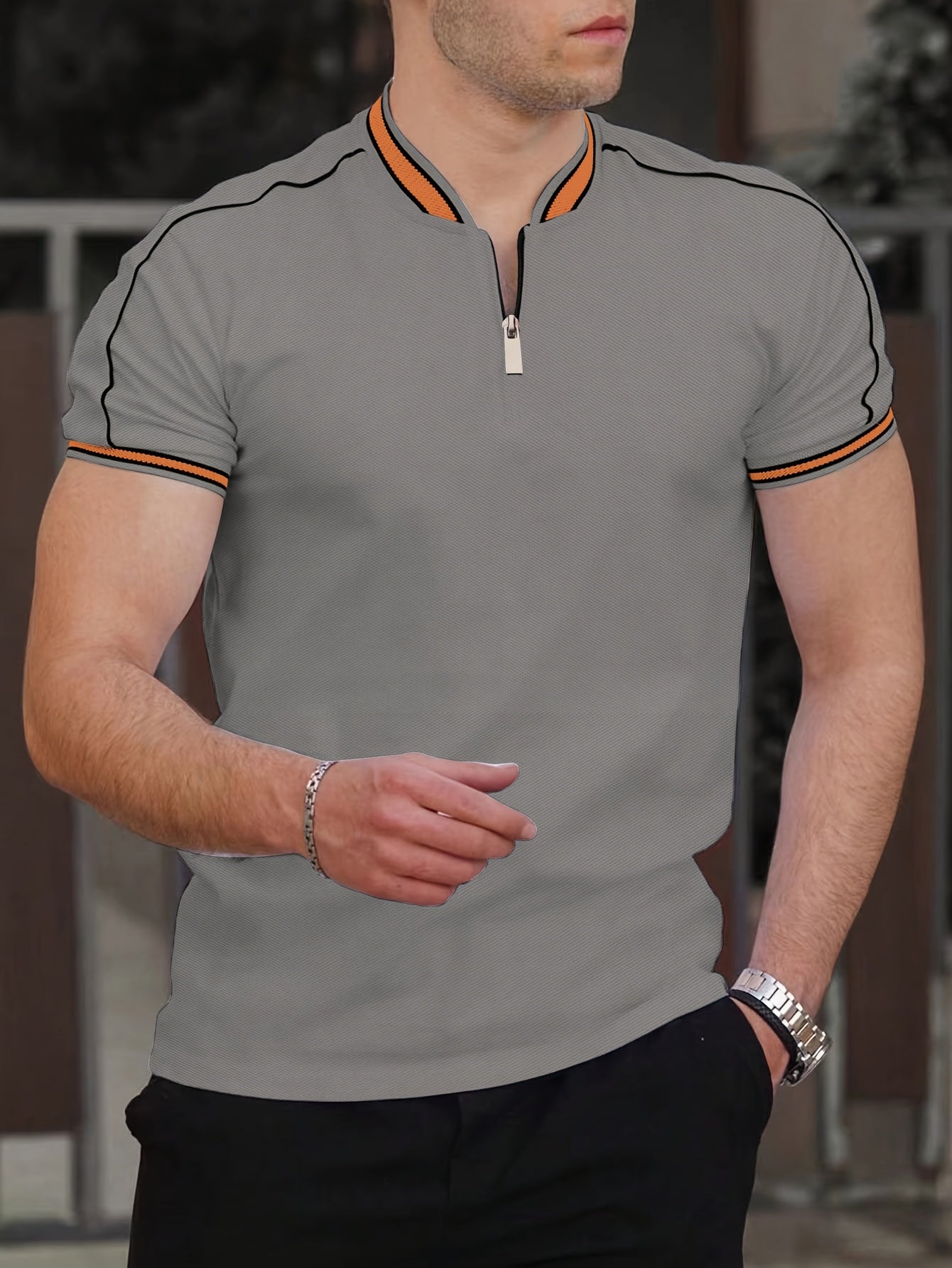 Men'S Casual Short Sleeve Polo Shirt - Beige with Black Side Stripes, Comfortable Breathable Fabric, Mandarin Collar, Zipper Detail, Perfect for Sports, Outdoor Activities & Casual Wear, Sports Casual Wear | Minimalist Design | Comfortable Fit