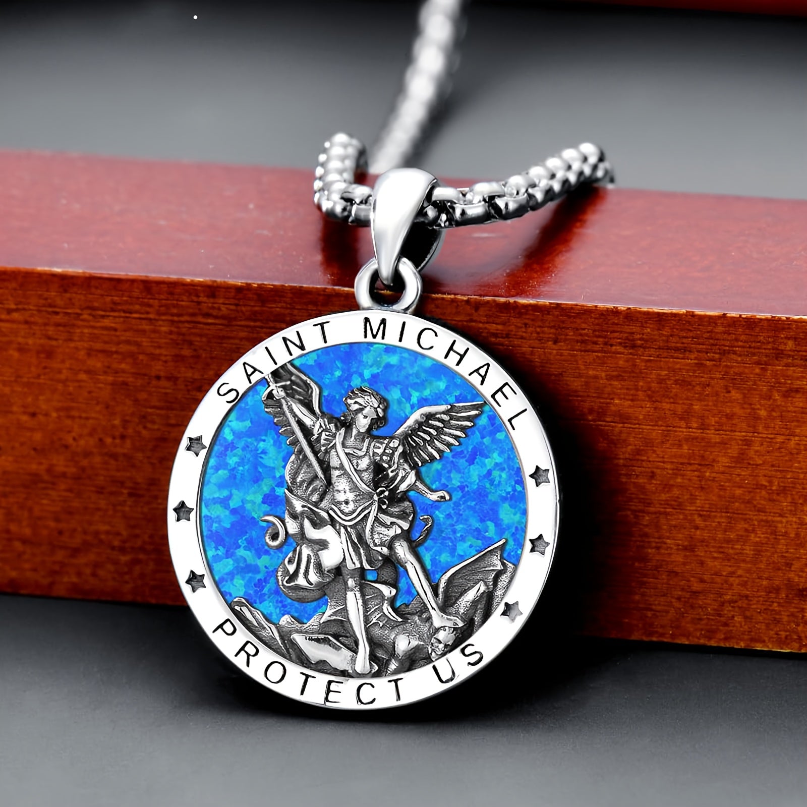 Opal St Michael Necklace For Men 925 Sterling Silvery Round Saint Archangel Michael Medal Medallion Protection Jewelry