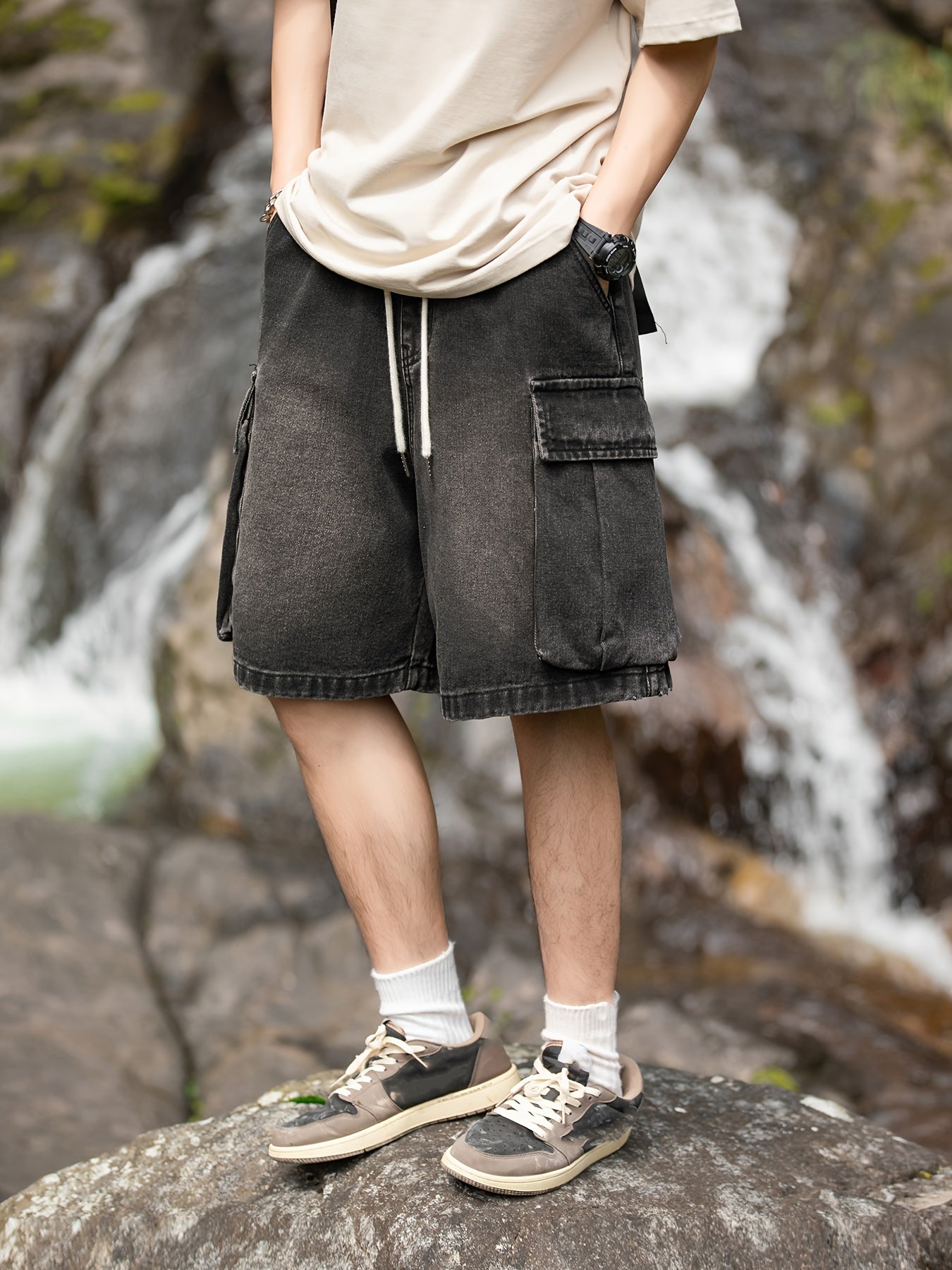 Men's Casual Denim Shorts with Side Pockets - Loose Fit, Drawstring Waist, Cotton Blend, Summer Streetwear