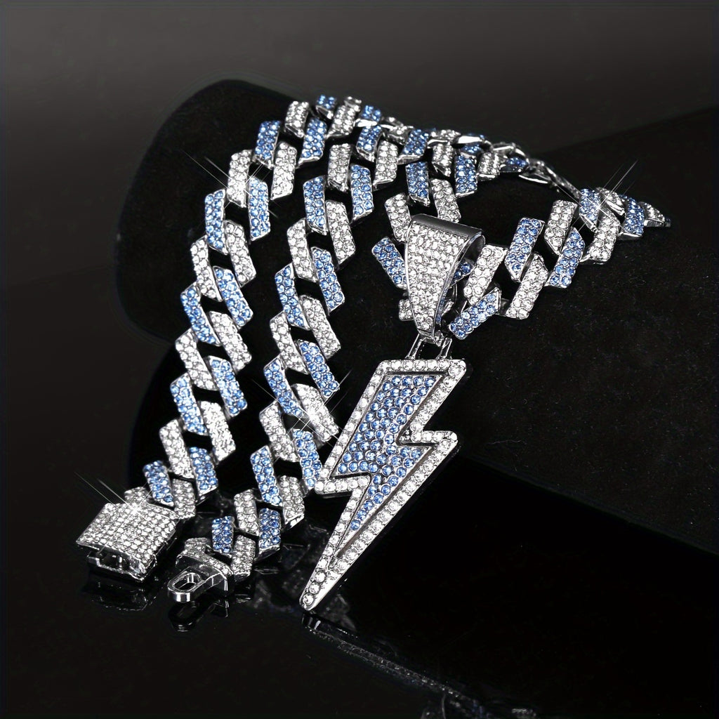Iced-Out Lightning Bolt Pendant Necklace for Men - Sparkly CZ Cuban Link Chain, Hip Hop Rapper Jewelry by YOBEBOX, YOBEBOX