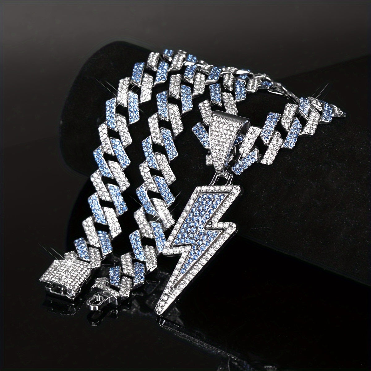 Iced-Out Lightning Bolt Pendant Necklace for Men - Sparkly CZ Cuban Link Chain, Hip Hop Rapper Jewelry by YOBEBOX, YOBEBOX