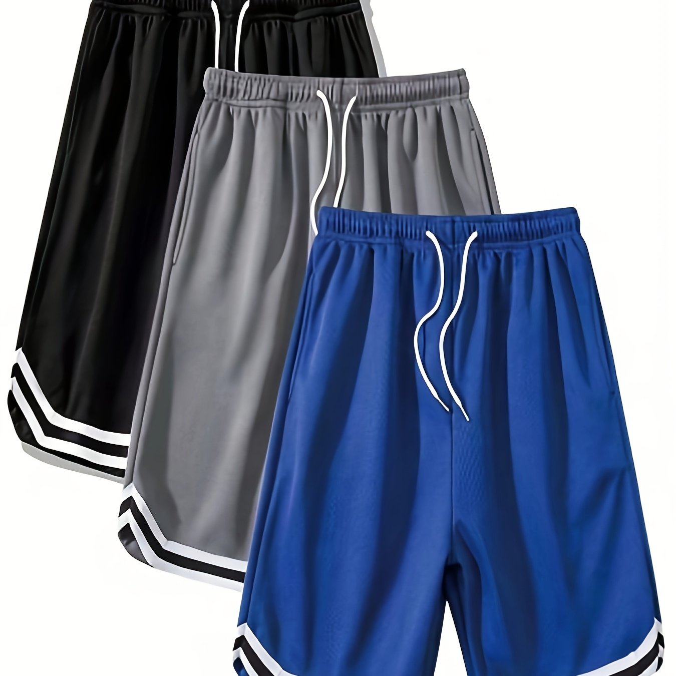3pcs Men'S Summer Quick-Dry Athletic Shorts - Loose Fit Breathable Basketball Shorts with Ribbed Waistband, Solid Color (Black, Gray, Blue) for Gym, Running, Beach & Casual Wear, Gym Shorts, Sporty Style, Quickdry Fabric