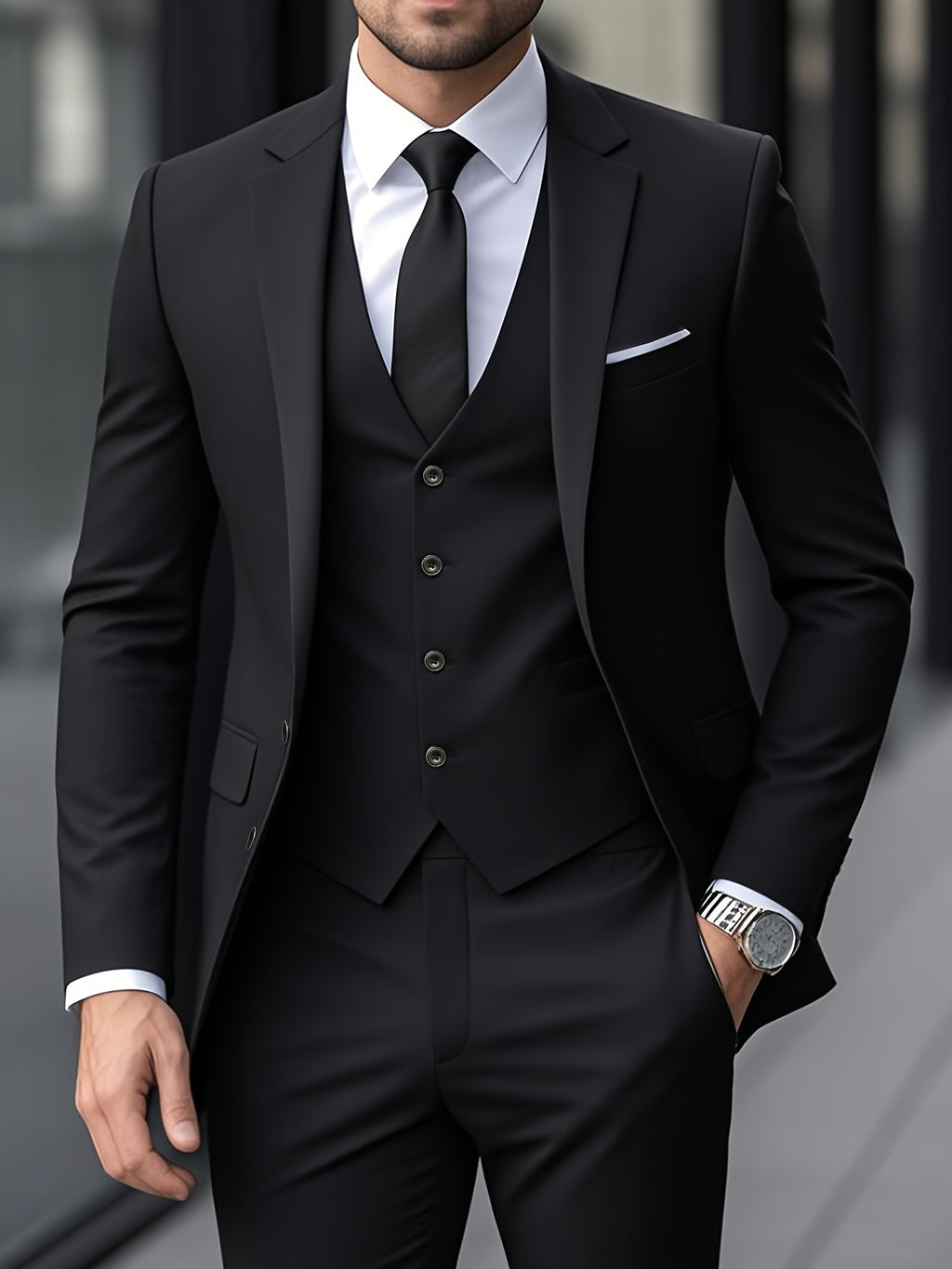 Ensemble de costume trois pièces de qualité supérieure pour homme avec gilet, pantalon et veste pour mariages, événements formels et tenue professionnelle.