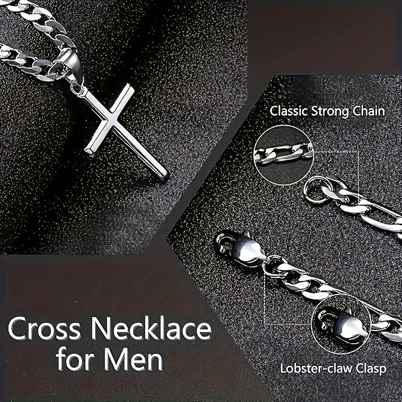 A Stylish And Versatile 925 Sterling Silver Cross Necklace With A Figaro Chain, Perfect For Everyday Wear, Ideal As A Gift For Your Boyfriend On Special Occasions, Comes With A Beautiful Gift Box.