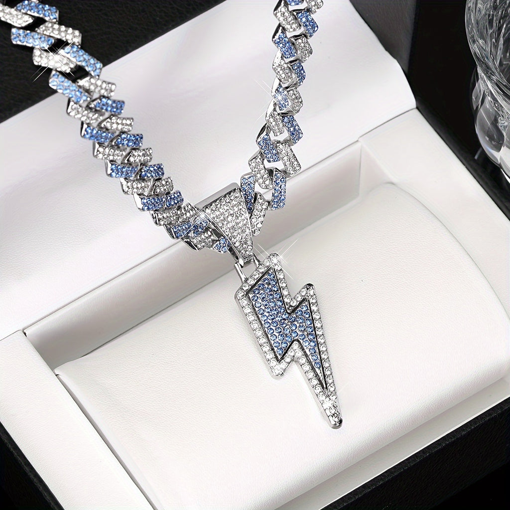 Iced-Out Lightning Bolt Pendant Necklace for Men - Sparkly CZ Cuban Link Chain, Hip Hop Rapper Jewelry by YOBEBOX, YOBEBOX