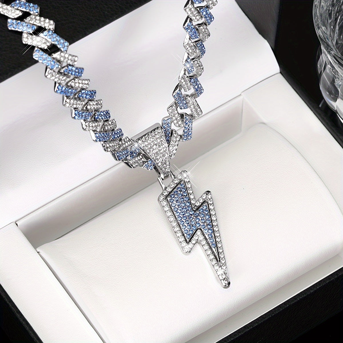 Iced-Out Lightning Bolt Pendant Necklace for Men - Sparkly CZ Cuban Link Chain, Hip Hop Rapper Jewelry by YOBEBOX, YOBEBOX