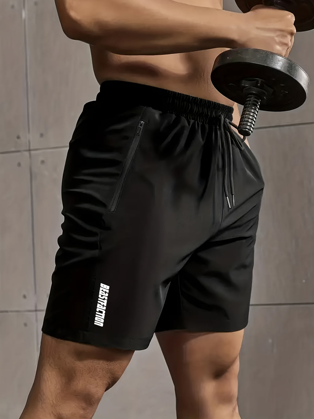 Men's Solid Shorts With Zipper Pockets, Active Elastic Waist Drawstring Shorts For Summer Outdoor Fitness