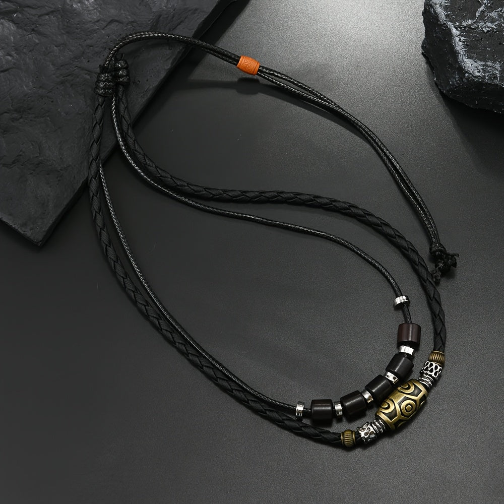 HUANMING Men's Vintage Punk Necklace - Trendy Braided Wax Cord with Antique Pendant, Black Layered Choker Jewelry
