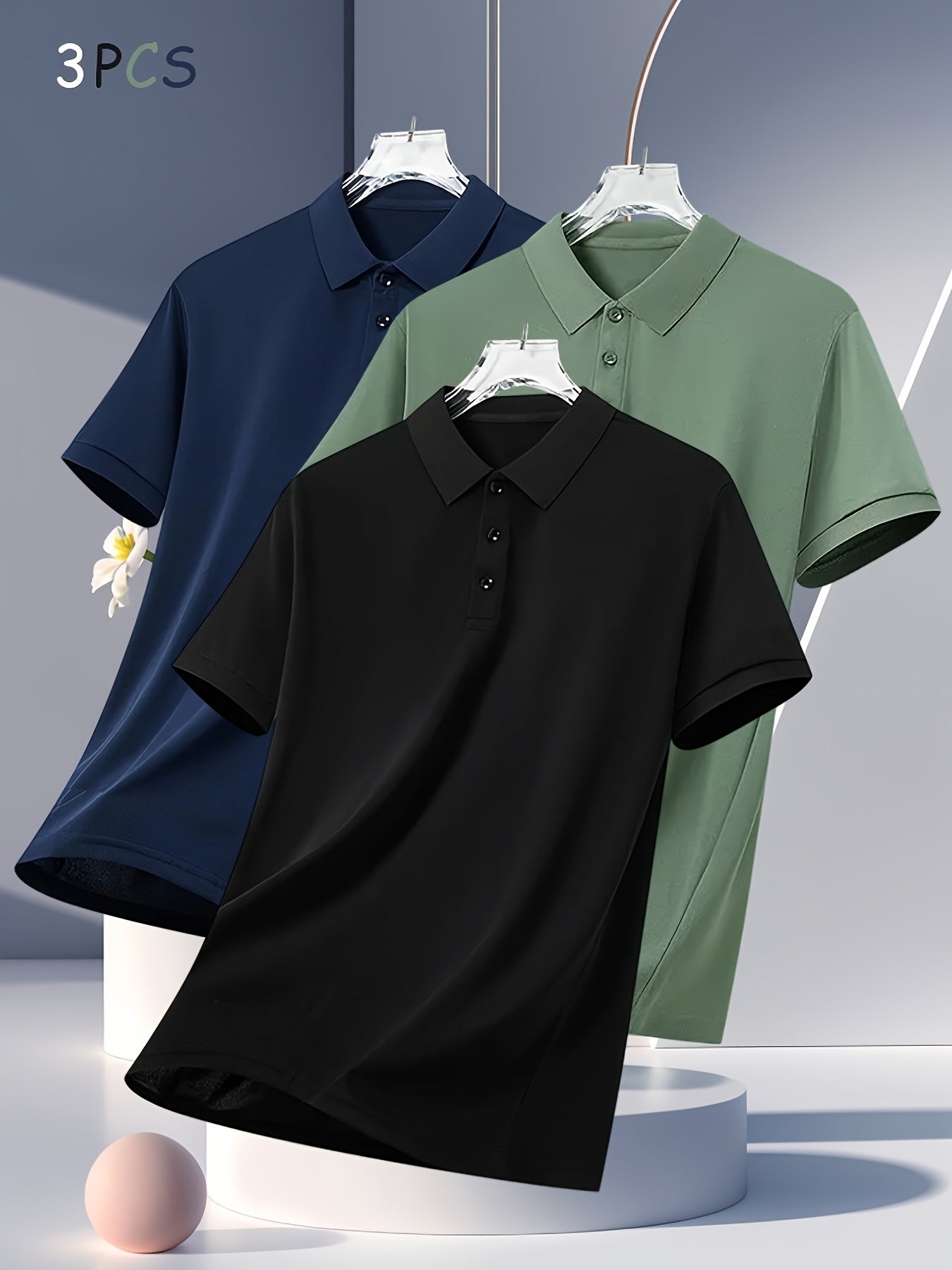 3pcs Men's Summer Shirts - Breathable Short Sleeve Casual & Business Casual Tops with Classic Collar, Loose Fit, Solid Color (Navy\u002FOlive\u002FBlack) - 2025 Trending Styles