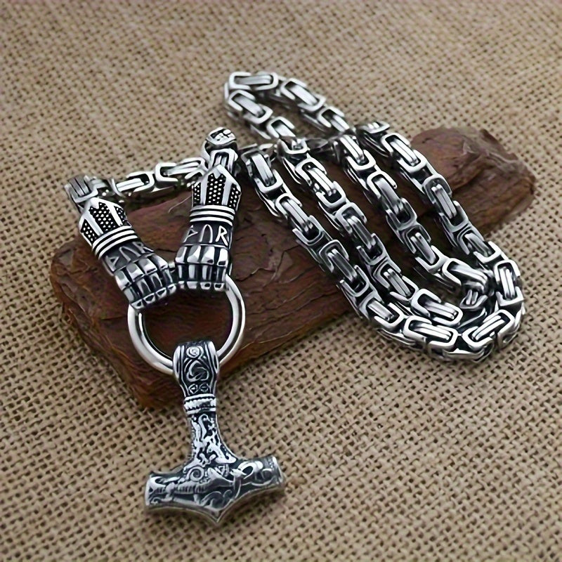 Men's Stainless Steel Gloves King Chain Necklace, Nordic Viking Titanium Steel Odin Thor's Hammer Pendant Necklace, Viking Men Jewelry