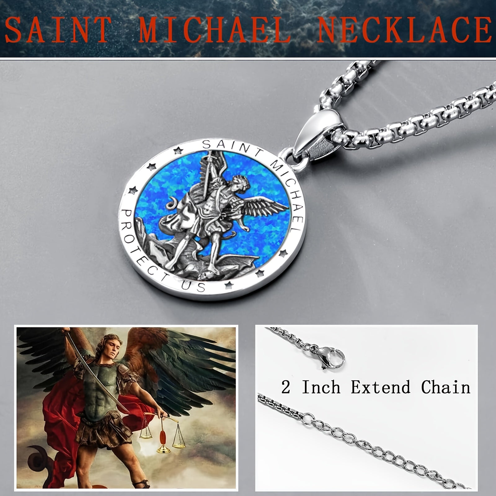 Opal St Michael Necklace For Men 925 Sterling Silvery Round Saint Archangel Michael Medal Medallion Protection Jewelry