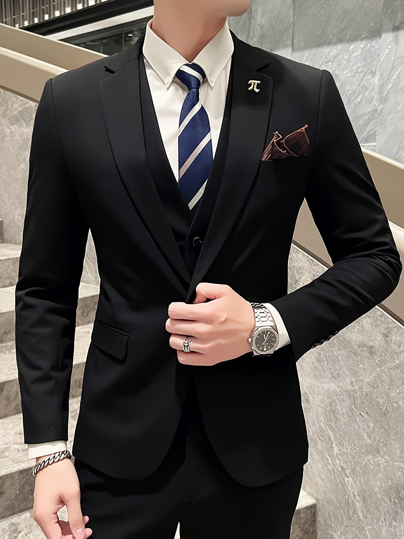 Ensemble Costume Homme Slim Fit Business Casual Trois Pièces - Tenue Formelle Élégante pour Printemps\u002FÉté, Inclut Veste + Gilet + Pantalon (Sans Boutons de Manchette) ! Foulard Offert Aléatoirement