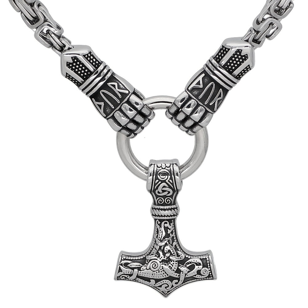 Men's Stainless Steel Gloves King Chain Necklace, Nordic Viking Titanium Steel Odin Thor's Hammer Pendant Necklace, Viking Men Jewelry