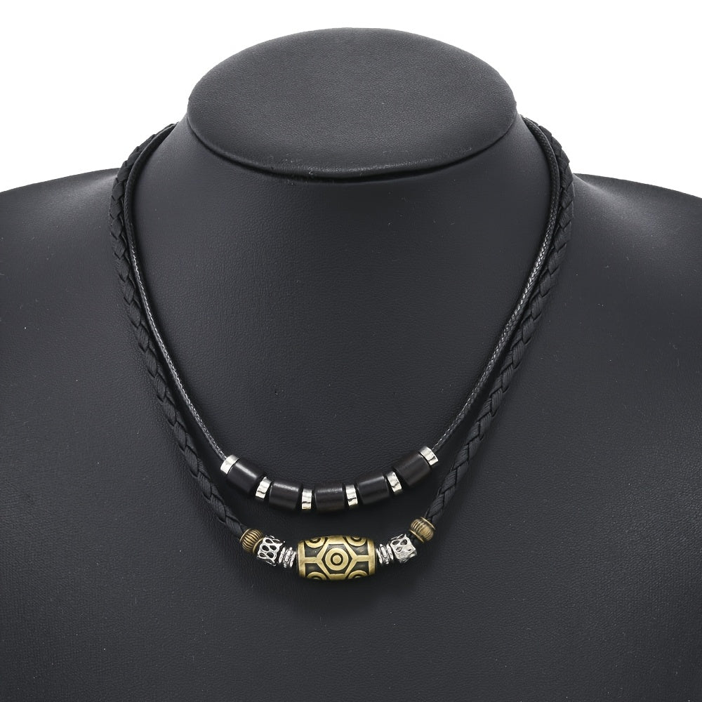 HUANMING Men's Vintage Punk Necklace - Trendy Braided Wax Cord with Antique Pendant, Black Layered Choker Jewelry