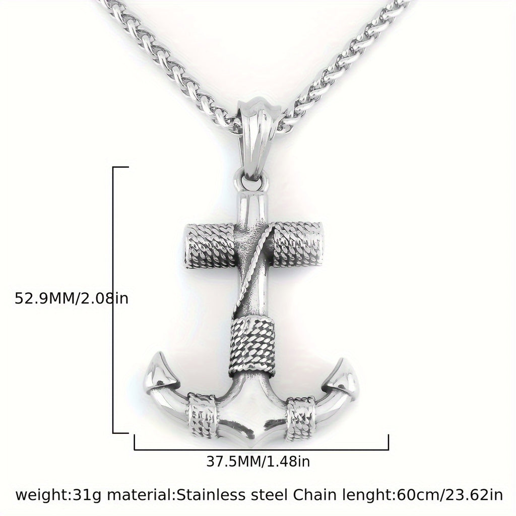 Men's 316L Stainless Steel Anchor Pendant Necklace - Minimalist Nautical Design, Light Gray Tarnish-Resistant Chain, Durable Casual Jewelry for Beach Vacation & Casual Attire, Birthday Gift for Him, Polished Finish