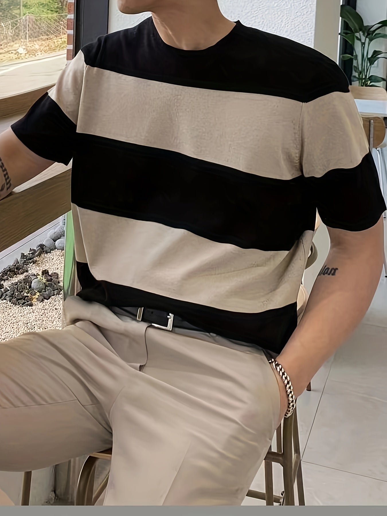 Men'S Premium Striped Color-Blocked Lightweight Knitted Short-Sleeve Shirt 490