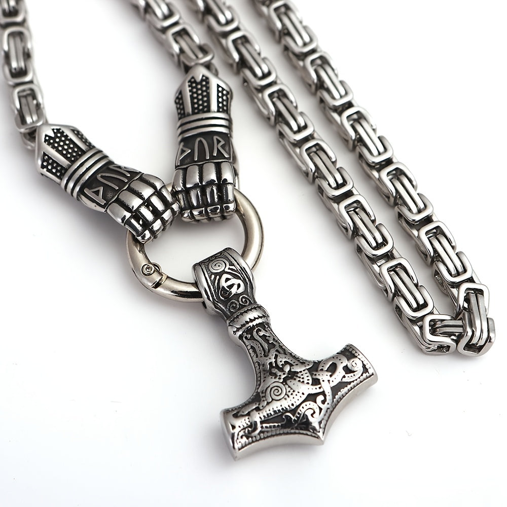 Men's Stainless Steel Gloves King Chain Necklace, Nordic Viking Titanium Steel Odin Thor's Hammer Pendant Necklace, Viking Men Jewelry