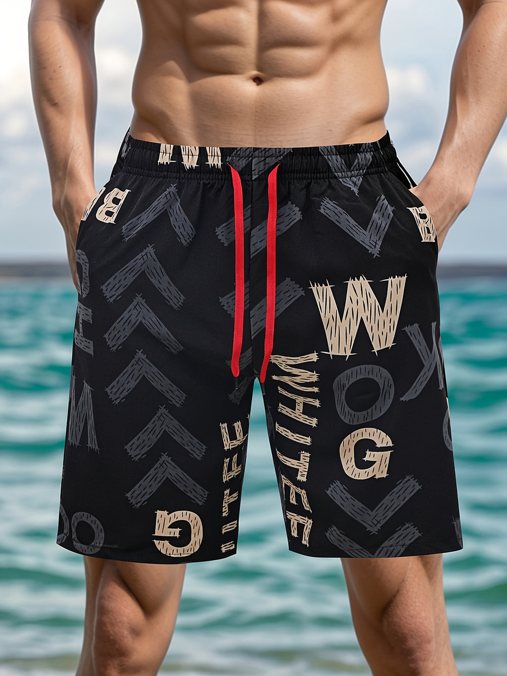 Men'S Quick-Dry Athletic Shorts - Breathable, Stretchy Polyester & Spandex Blend, Letter Print Pattern, Casual Loose Fit for Beach, Running, Cycling, Hiking, Swimming | Woven Fabric, 115g\u002Fm², Spring\u002FSummer\u002FFall