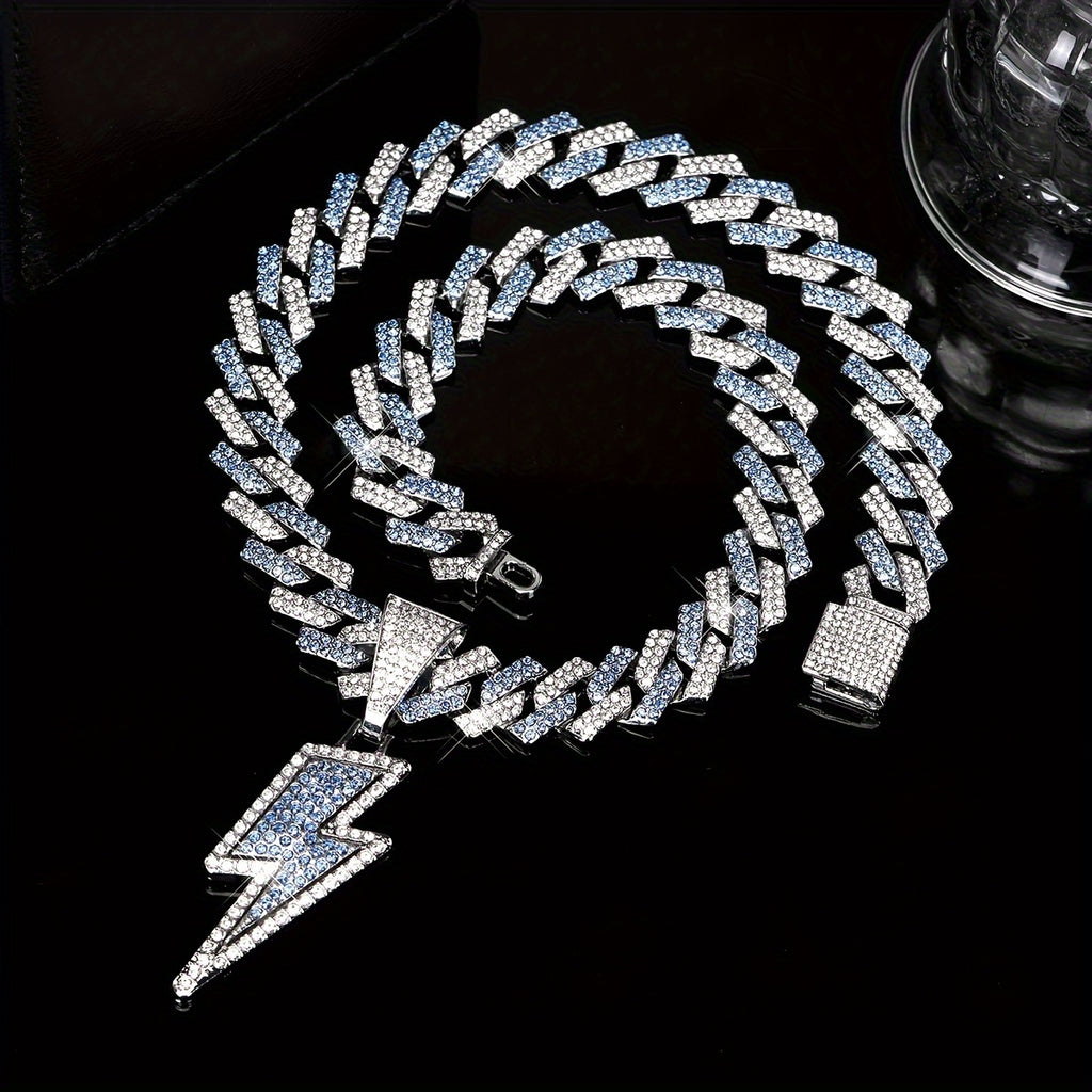 Iced-Out Lightning Bolt Pendant Necklace for Men - Sparkly CZ Cuban Link Chain, Hip Hop Rapper Jewelry by YOBEBOX, YOBEBOX