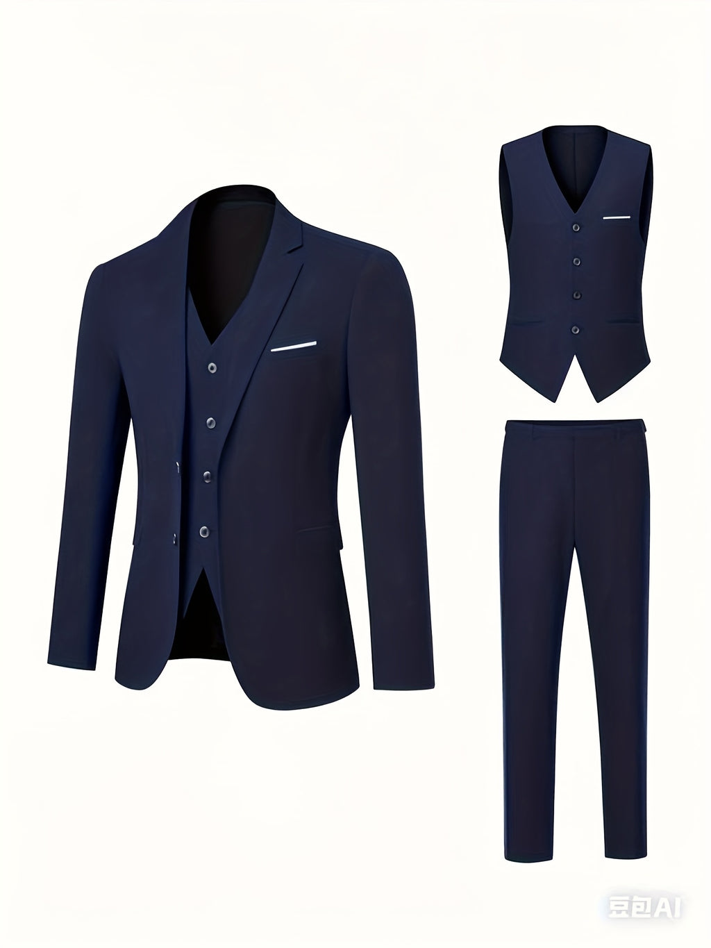 3-Piece Men's Classic Black Suit Set - Long Sleeve Blazer, Vest & Pants with Pockets, Button Details, Non-Stretch Polyester Fabric, Perfect for Weddings, Business Meetings & Formal Events