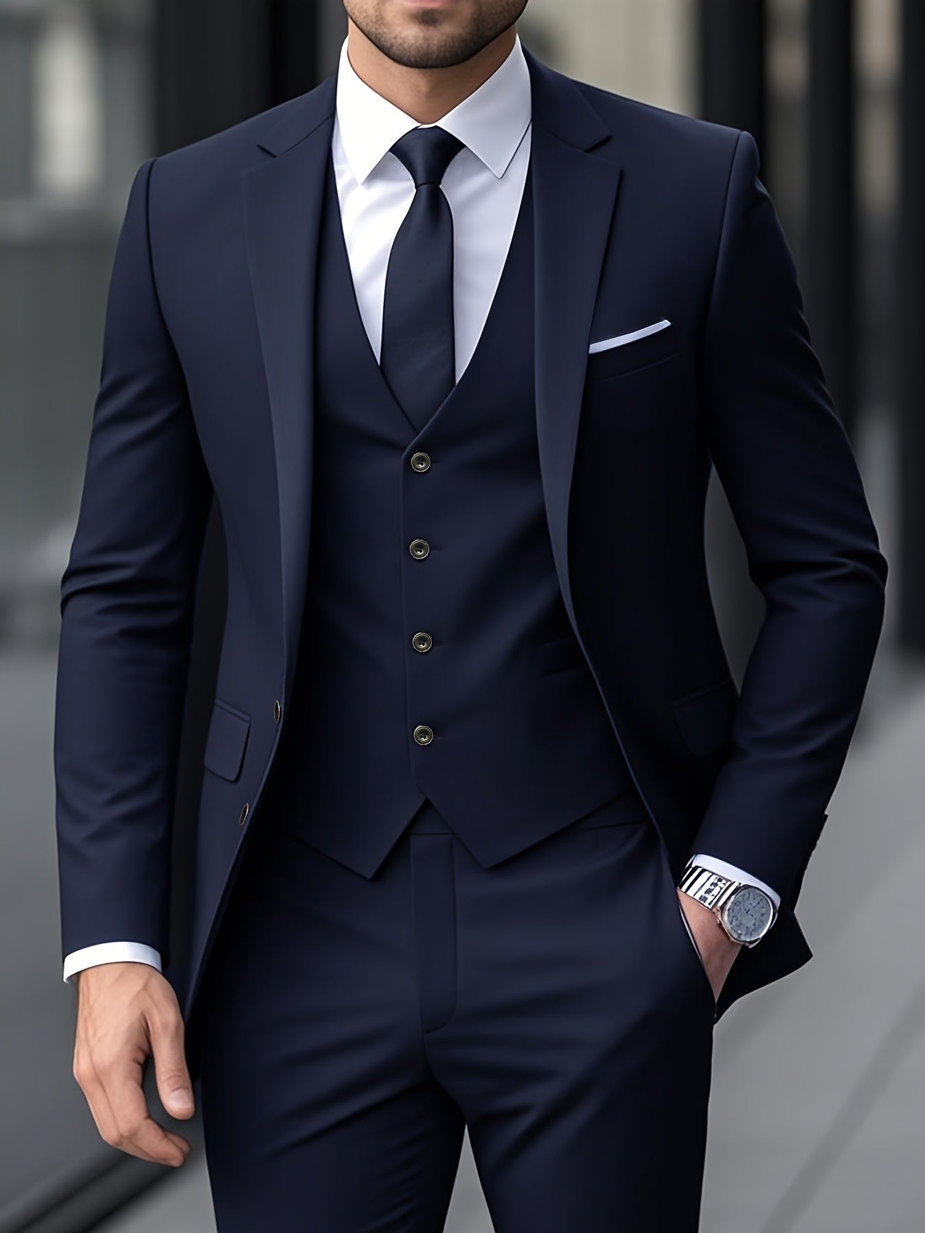 Ensemble de costume trois pièces de qualité supérieure pour homme avec gilet, pantalon et veste pour mariages, événements formels et tenue professionnelle.