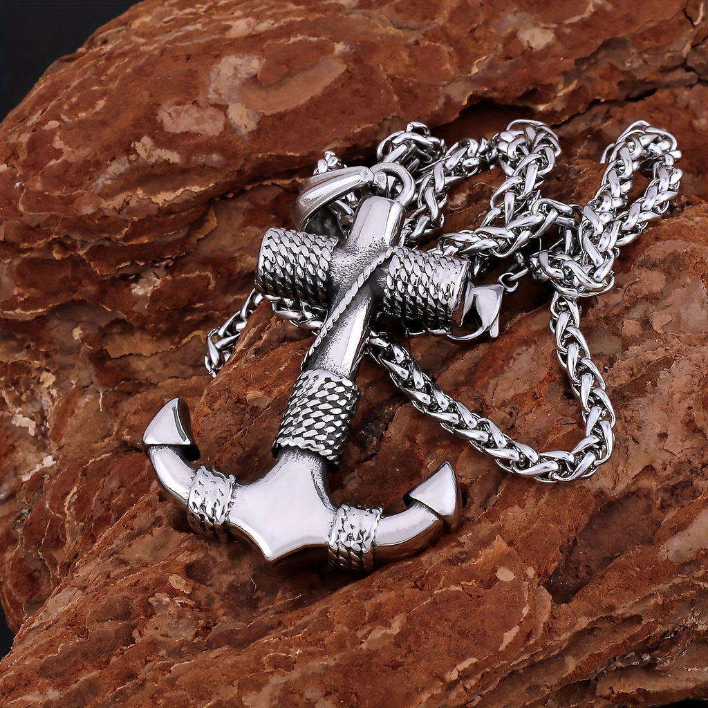 Men's 316L Stainless Steel Anchor Pendant Necklace - Minimalist Nautical Design, Light Gray Tarnish-Resistant Chain, Durable Casual Jewelry for Beach Vacation & Casual Attire, Birthday Gift for Him, Polished Finish