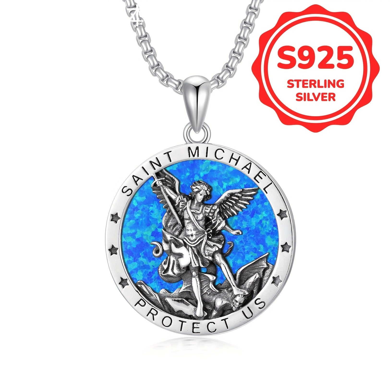 Opal St Michael Necklace For Men 925 Sterling Silvery Round Saint Archangel Michael Medal Medallion Protection Jewelry