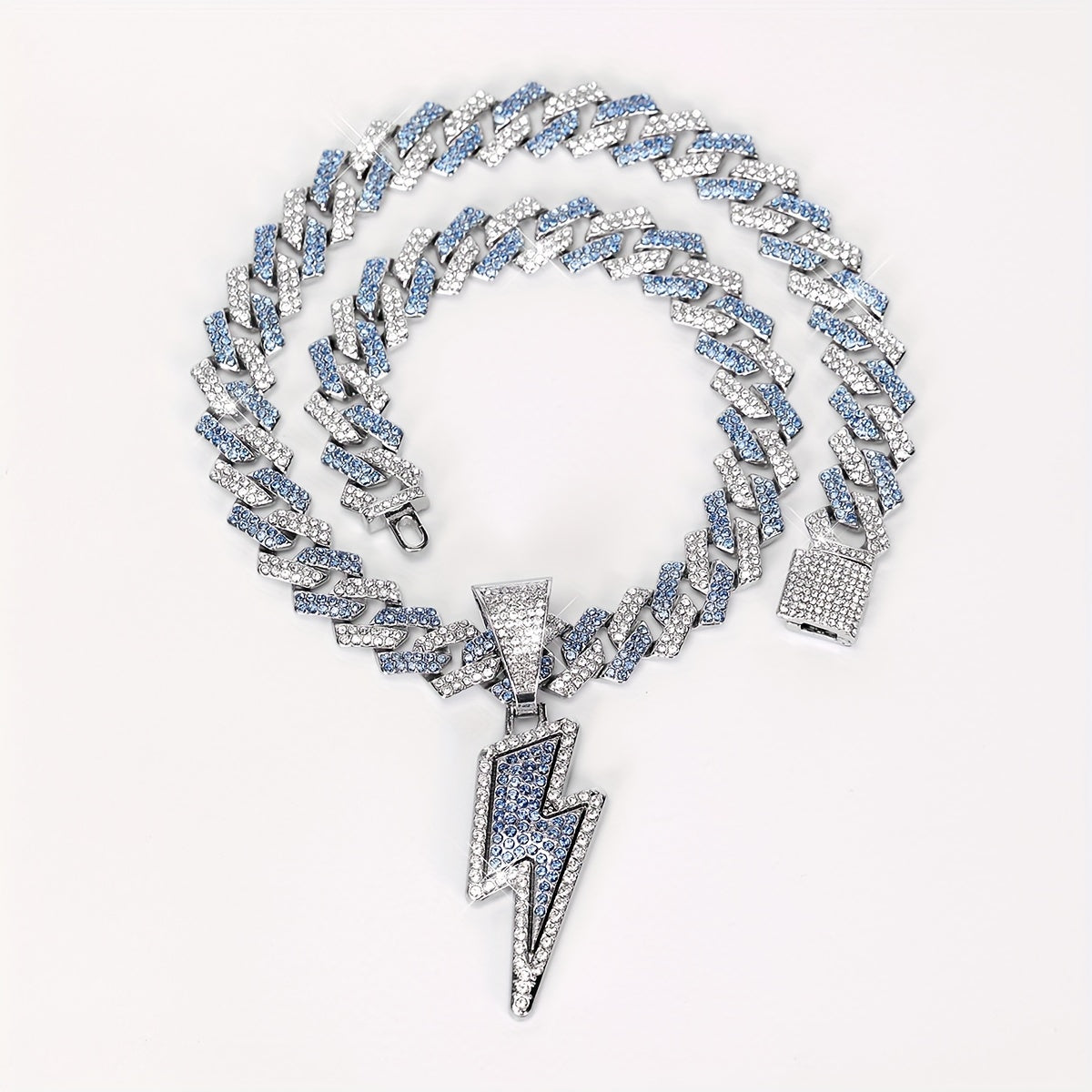 Iced-Out Lightning Bolt Pendant Necklace for Men - Sparkly CZ Cuban Link Chain, Hip Hop Rapper Jewelry by YOBEBOX, YOBEBOX