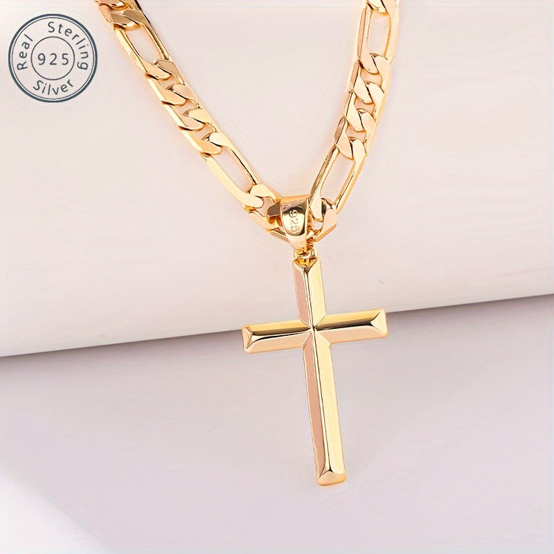 925 silver 18k Golden-plated Figaro cross pendant necklace, Unisex, Fashion Luxury and Elegant, Daily Gift for Wife, Family, Friends, Birthday Gift, Mother's Day Gift, Halloween Thanksgiving Christmas Gift, Exquisite Gift Box