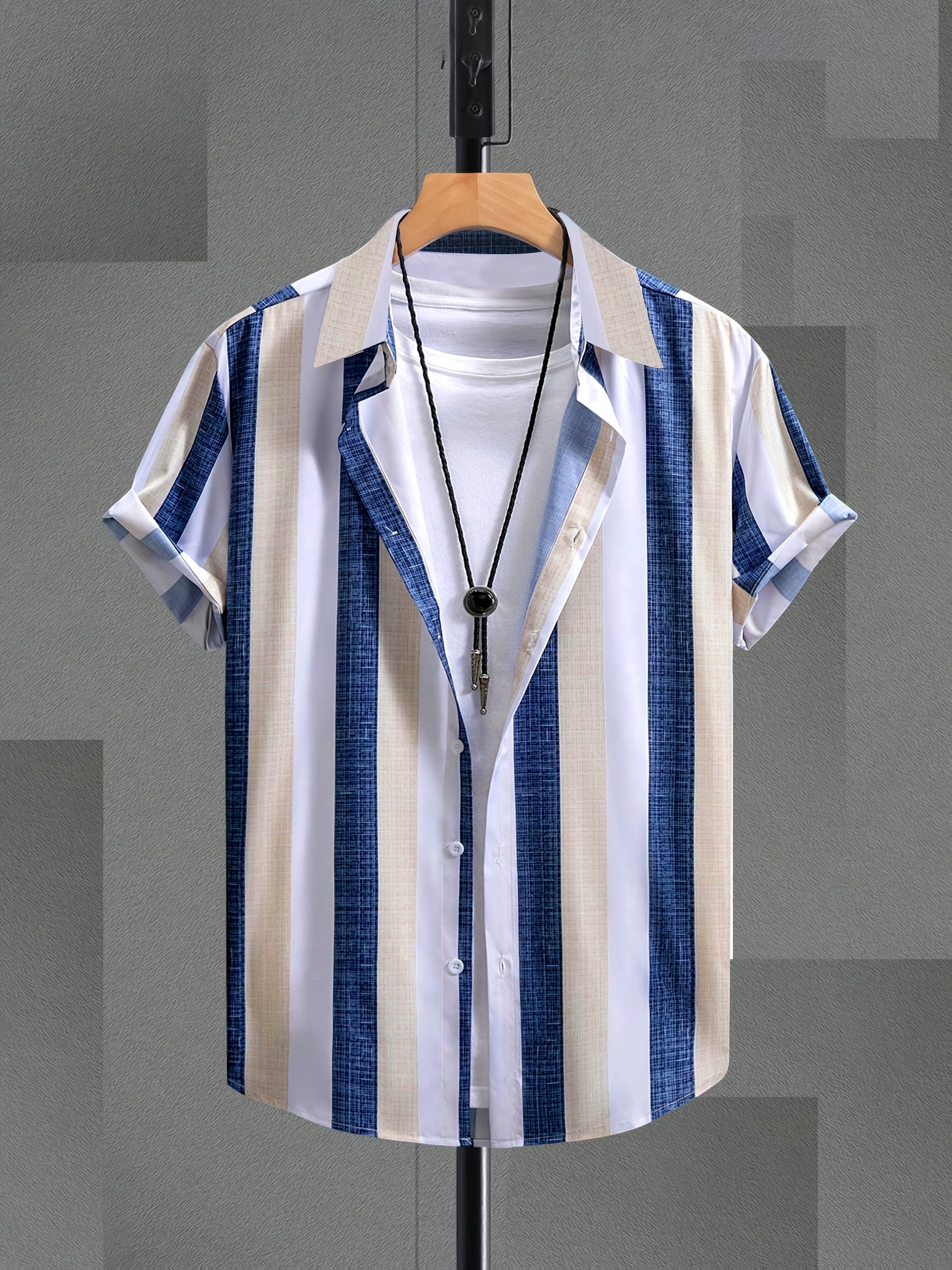 Men's Summer Casual Striped Button-Up Shirt - Short Sleeve, Lightweight & Breathable for Outdoor Activities, Beach, and Casual Attire, Beach Clothes, Beach Apparel, Classic Collar, Durable Clothing