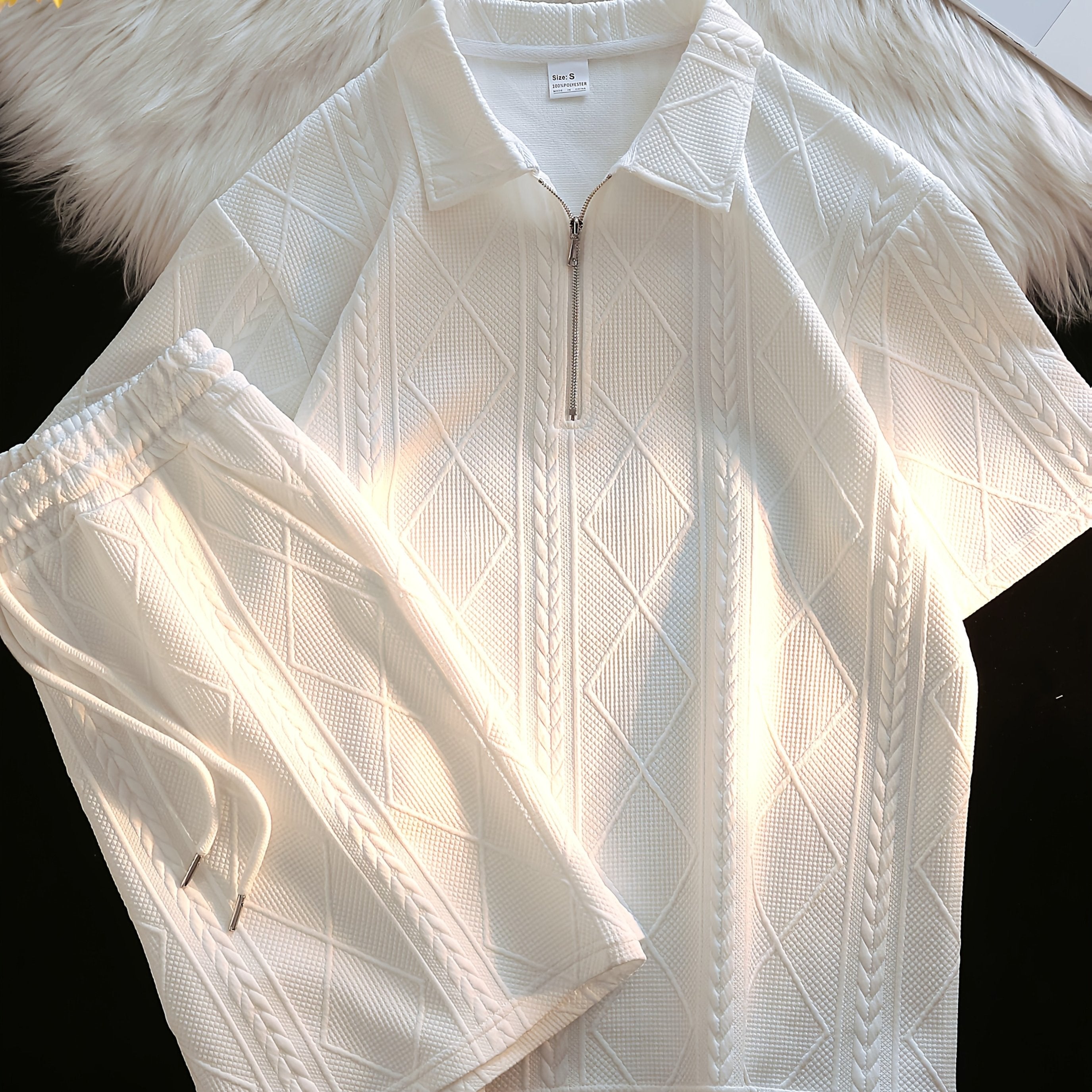 Retro Style 2pcs Men's Casual Summer Outfit Suits, Geometric Pattern Design Short Sleeve Lapel Shirt Top And Shorts Suit