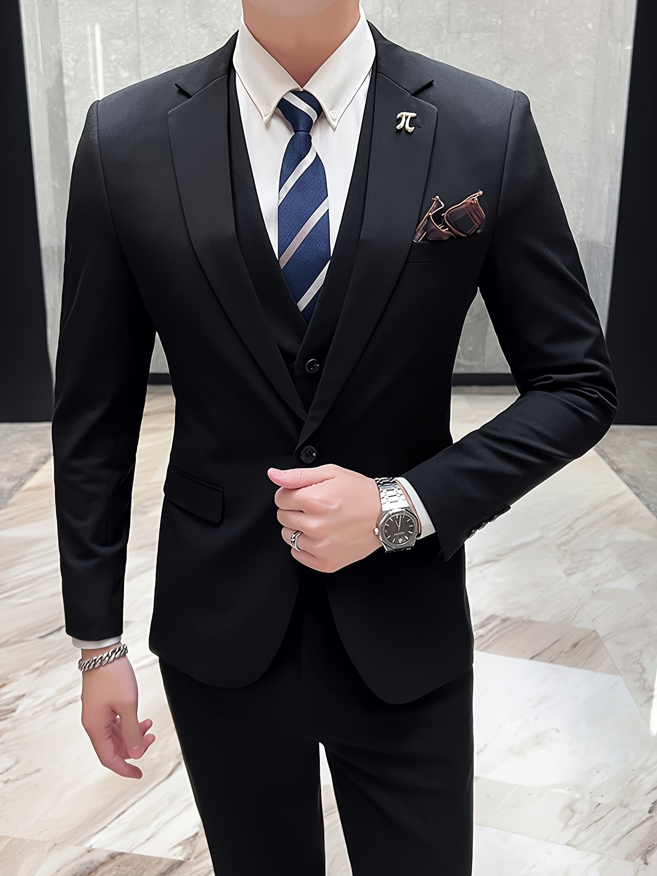 Ensemble Costume Homme Slim Fit Business Casual Trois Pièces - Tenue Formelle Élégante pour Printemps\u002FÉté, Inclut Veste + Gilet + Pantalon (Sans Boutons de Manchette) ! Foulard Offert Aléatoirement