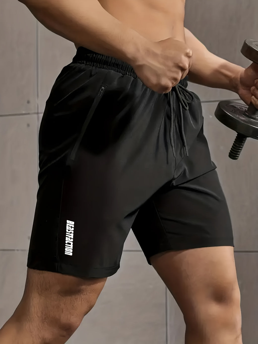 Men's Solid Shorts With Zipper Pockets, Active Elastic Waist Drawstring Shorts For Summer Outdoor Fitness