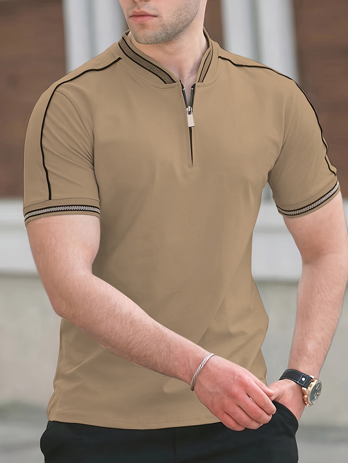 Men's Casual Short Sleeve Shirt - Breathable Moisture-Wicking Fabric, Stand Collar with Contrast Inlaid Lines & Half-Zipper Front, Sporty Solid Color Design for Summer Outdoor Sports & Casual Wear, Active Lifestyle Apparel, Comfortable Fit