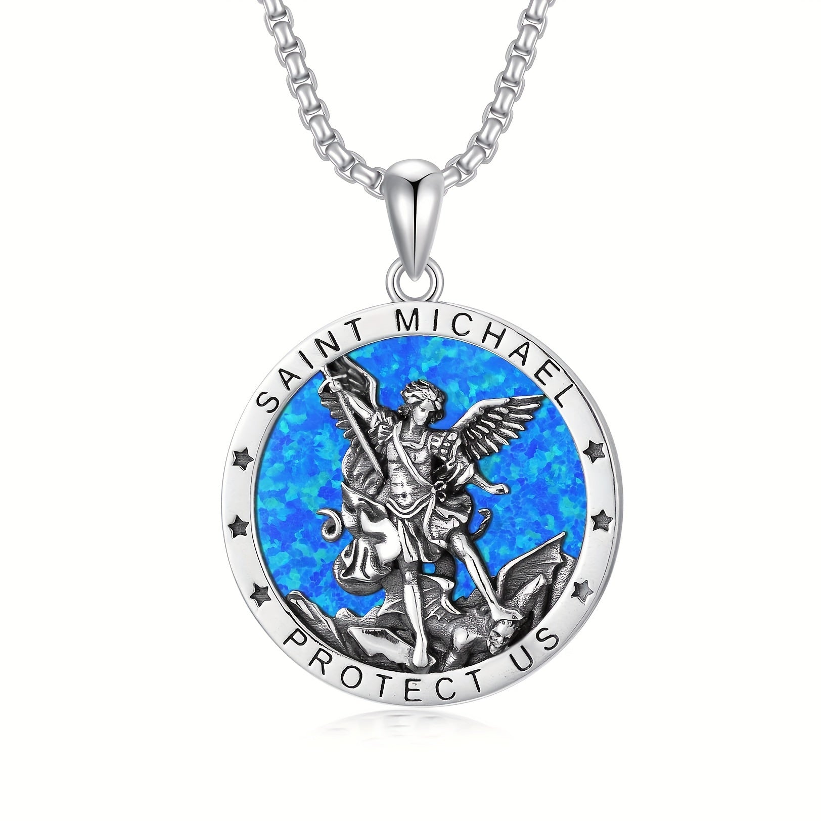 Opal St Michael Necklace For Men 925 Sterling Silvery Round Saint Archangel Michael Medal Medallion Protection Jewelry