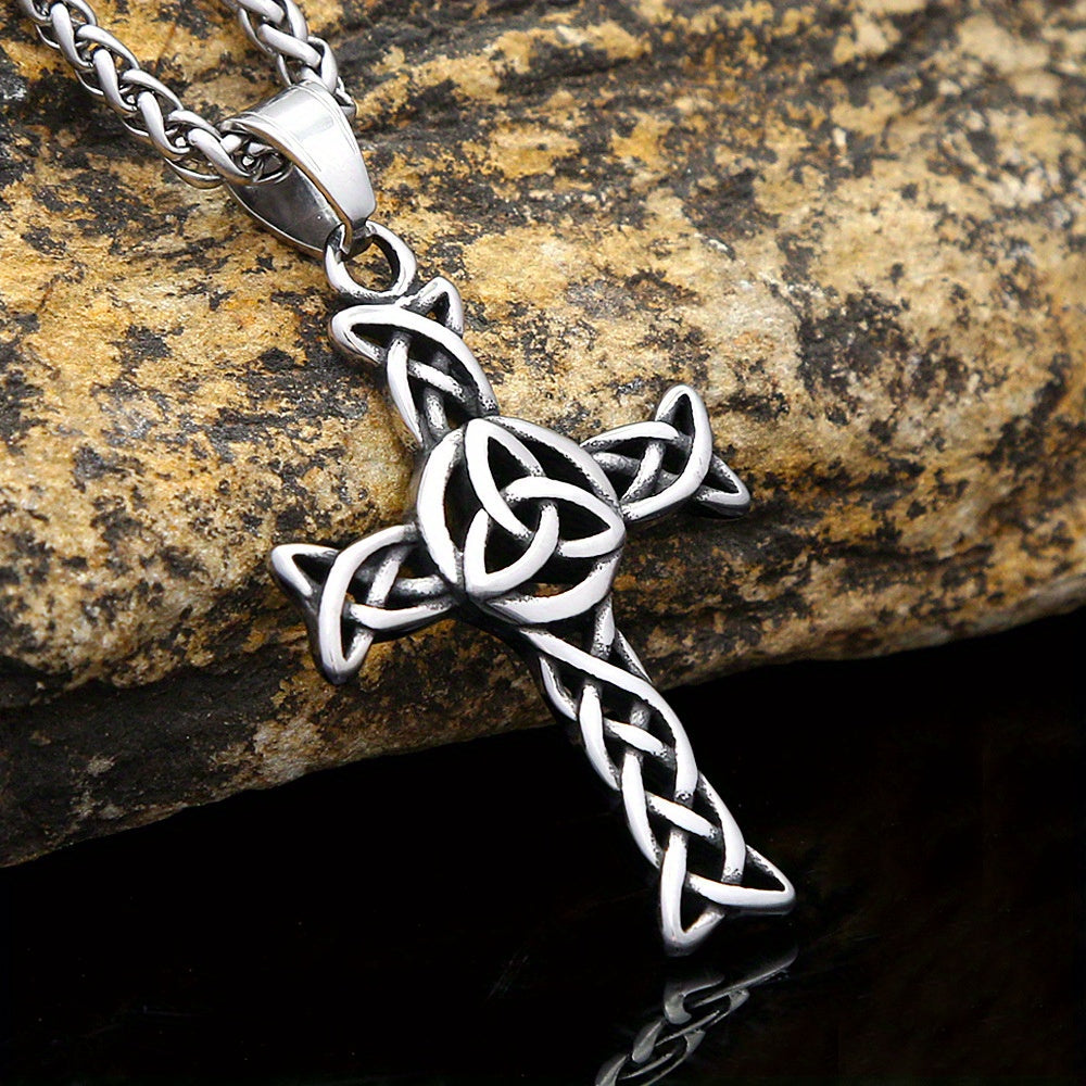 A Vintage And Stylish Stainless Steel Cross Necklace Featuring a Hollow Design, Made of Titanium Steel with a Celtic Knot Cross Pendant, Perfect As a Gift for a Boyfriend, Christmas, Parties, Or Family Occasions.