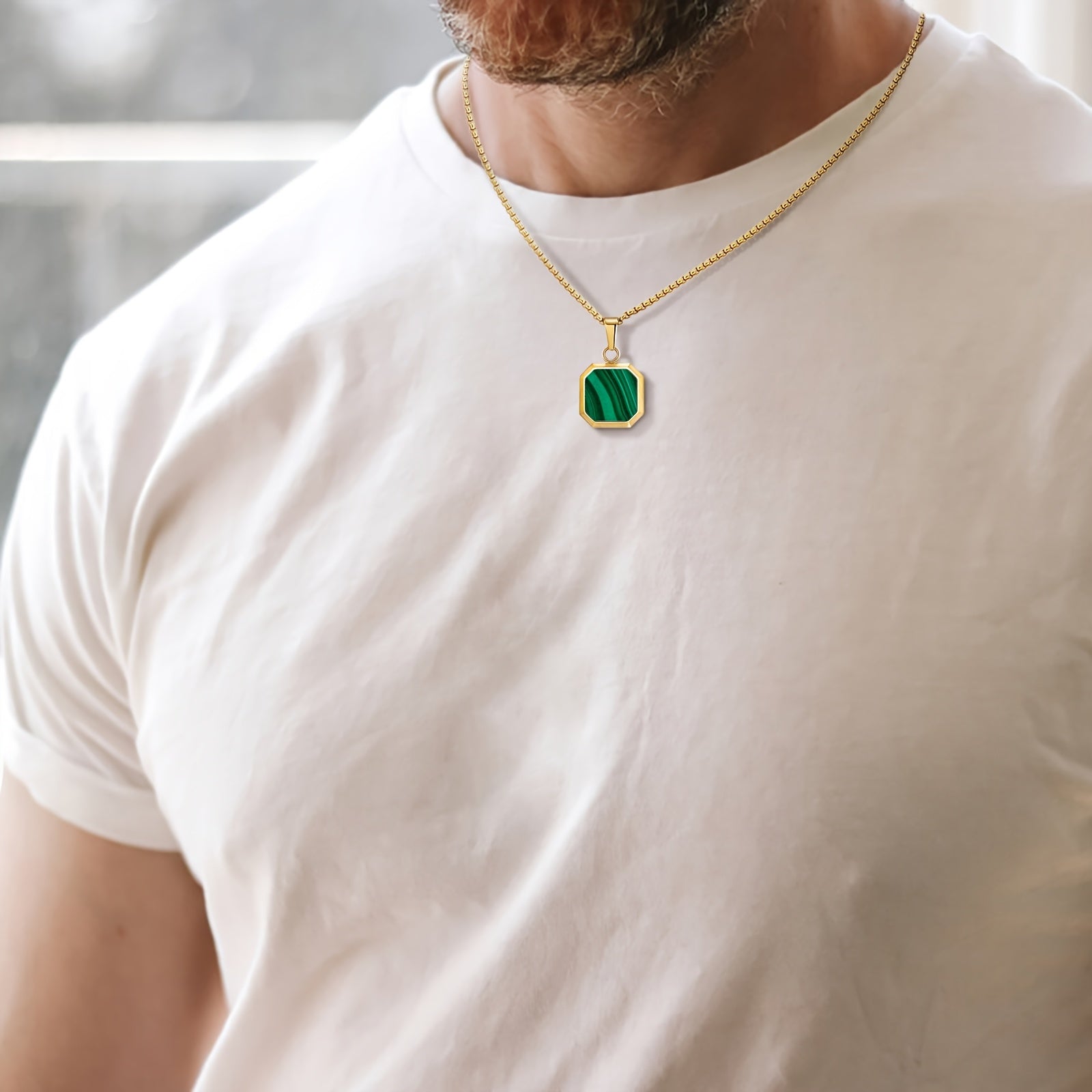 14K Gold Plated Malachite Pendant Necklace - Square Stainless Steel Chain with Green Marble Design, Ideal for St. Patrick'S Day, Mother'S Day, Father'S Day, All Seasons, Gift Item|Elegant Pendant|Durable Chain, Pendant Necklace