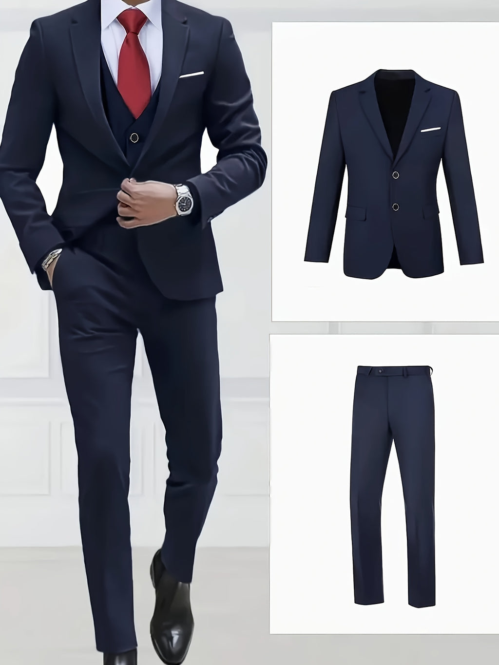 3-Piece Men's Classic Black Suit Set - Long Sleeve Blazer, Vest & Pants with Pockets, Button Details, Non-Stretch Polyester Fabric, Perfect for Weddings, Business Meetings & Formal Events