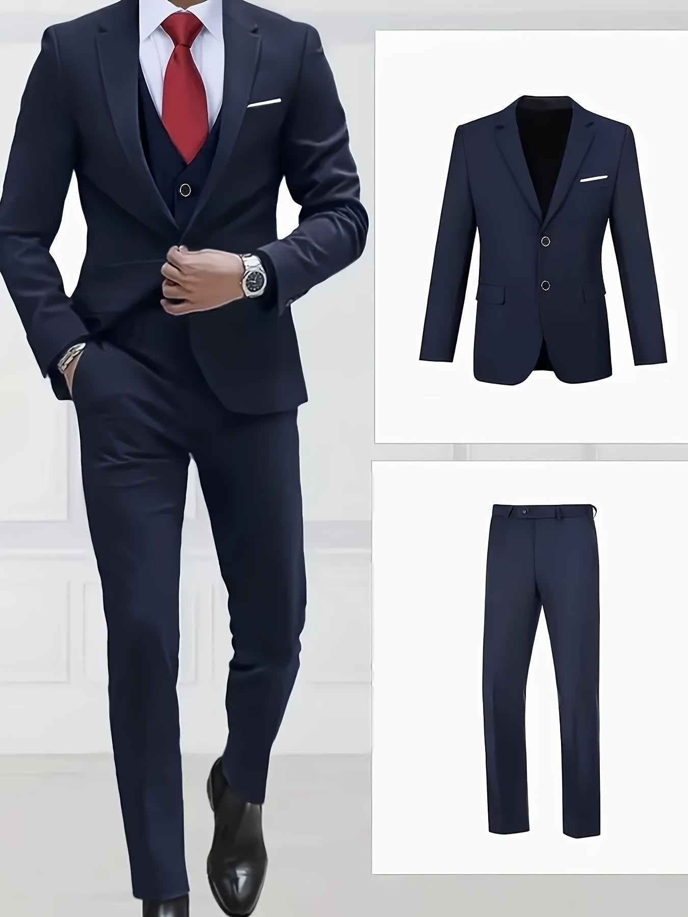 3-Piece Men's Classic Black Suit Set - Long Sleeve Blazer, Vest & Pants with Pockets, Button Details, Non-Stretch Polyester Fabric, Perfect for Weddings, Business Meetings & Formal Events