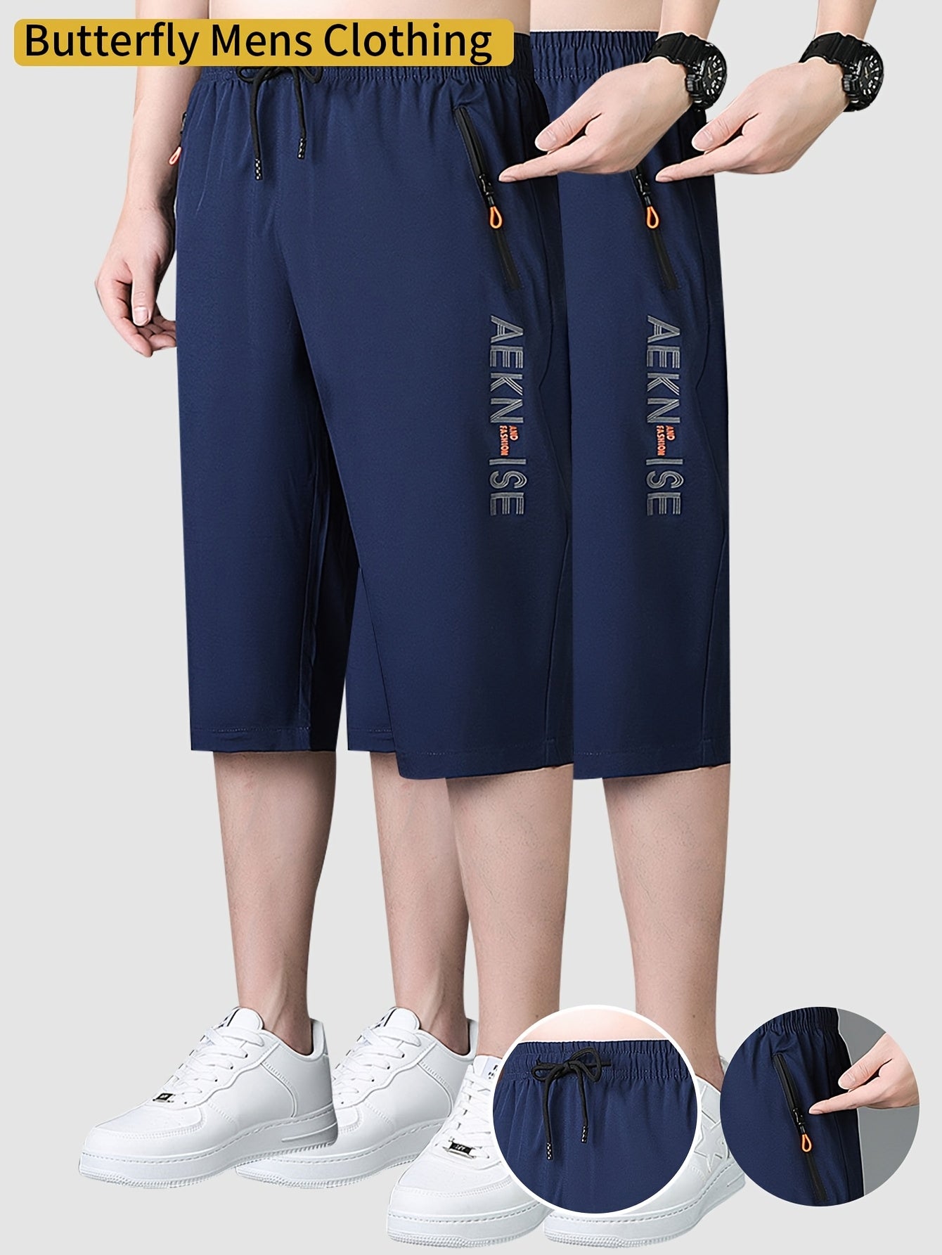 2pcs Men's Mid-Thigh Athletic Shorts with Drawstring & Zipper Pockets - Stylish Letter Print Design, Black & Navy Blue, Perfect for Gym, Casual Wear, Yoga, and Outdoor Activities, Modern Sports Apparel | Durable Sportswear