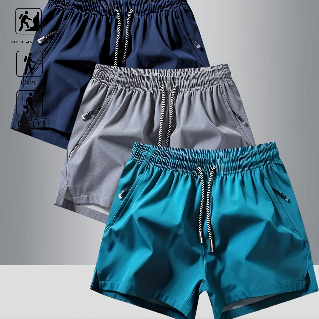 3pcs OBM Men's Moisture-Wicking Lightweight Athletic Shorts with Adjustable Drawstring Waist & Zipper Pocket - Breathable Quick-Dry Gym Running Training Shorts for Summer, Beach, Outdoor Activities (Teal, Burgundy, Navy)