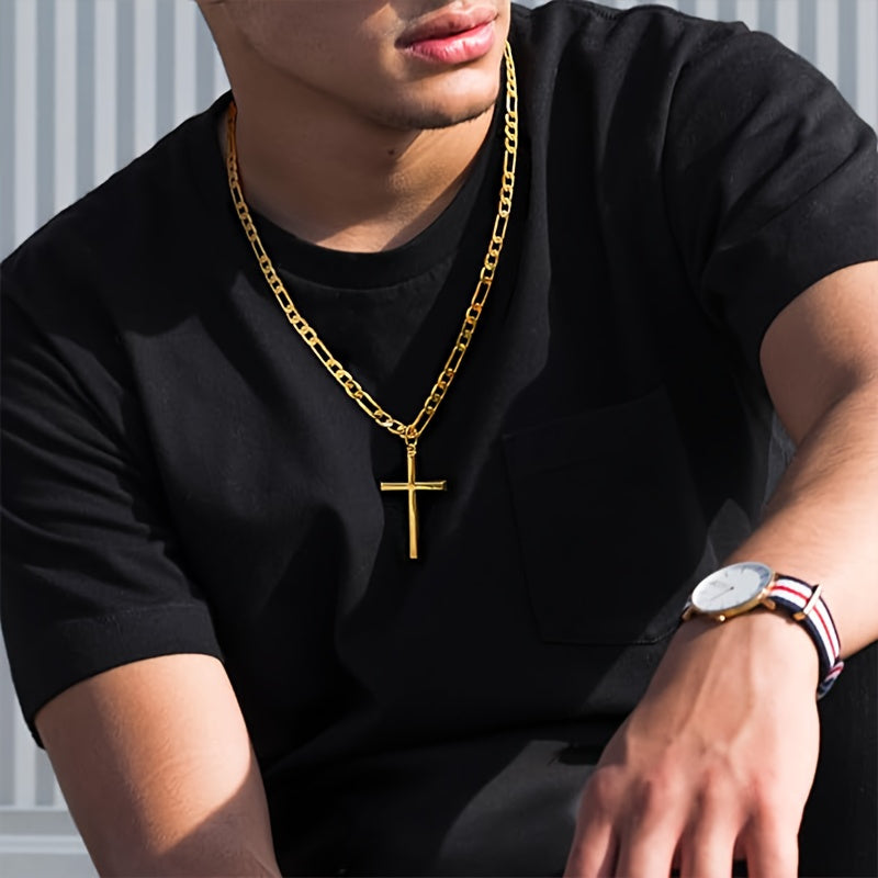 925 silver 18k Golden-plated Figaro cross pendant necklace, Unisex, Fashion Luxury and Elegant, Daily Gift for Wife, Family, Friends, Birthday Gift, Mother's Day Gift, Halloween Thanksgiving Christmas Gift, Exquisite Gift Box