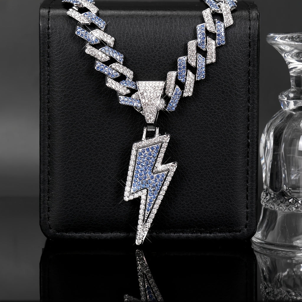 Iced-Out Lightning Bolt Pendant Necklace for Men - Sparkly CZ Cuban Link Chain, Hip Hop Rapper Jewelry by YOBEBOX, YOBEBOX