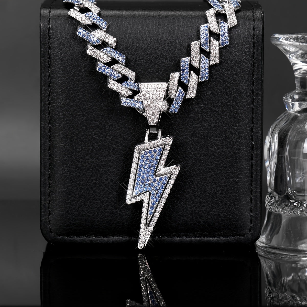 Iced-Out Lightning Bolt Pendant Necklace for Men - Sparkly CZ Cuban Link Chain, Hip Hop Rapper Jewelry by YOBEBOX, YOBEBOX