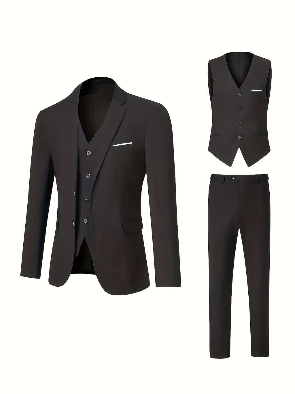 3-Piece Men's Classic Black Suit Set - Long Sleeve Blazer, Vest & Pants with Pockets, Button Details, Non-Stretch Polyester Fabric, Perfect for Weddings, Business Meetings & Formal Events